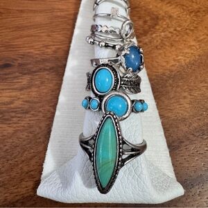 Free People Boho Silver Tone Turquoise Stacking Ring Set